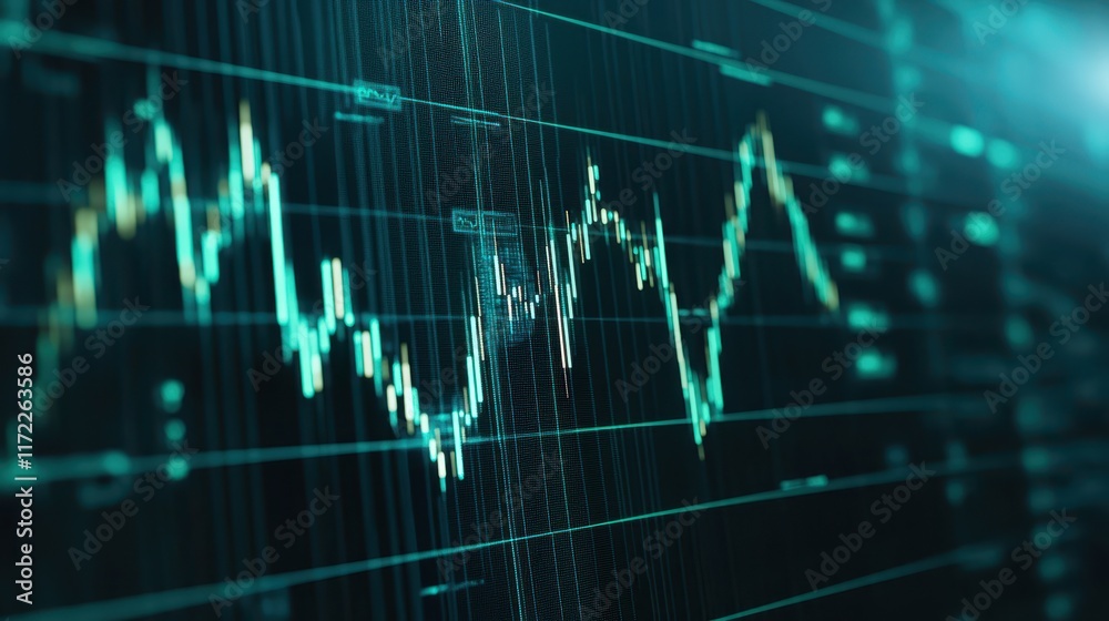 Closeup view of trading chart, price fluctuations, investment, candlestick patterns, technical indicators or market trends and strategies Closeup view of trading chart, price fluctuations, investment, candlestick patterns, technical indicators or market trends and strategies