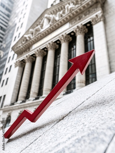 Bank building with a large red arrow pointing downward, indicating falling interest rates