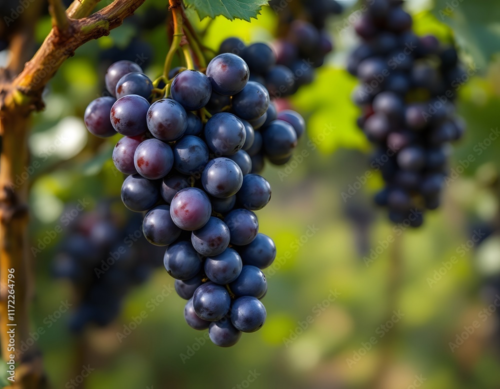 Luscious Dark Grapes Hanging on Vine: A Vibrant, Sunlit Harvest Scene Luscious Dark Grapes Hanging on Vine: A Vibrant, Sunlit Harvest Scene