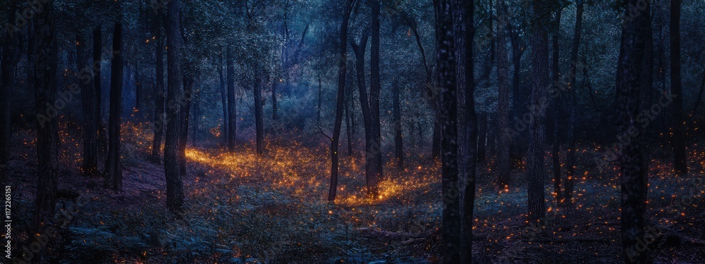 Obraz premium A surreal view of the bioluminescent fireflies lighting up the forests of Nanacamilpa, Tlaxcala, Mexico