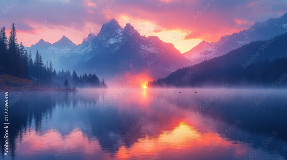 Serene sunset reflection over tranquil lake majestic mountains nature scene peaceful environment wide angle view