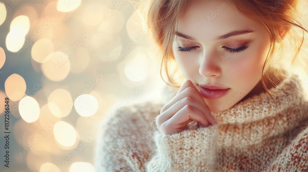 Serene young woman in cozy sweater, bokeh background.