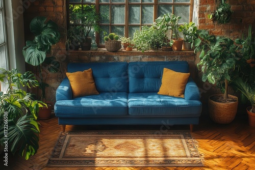 minimalist bohoinspired living room featuring a stylish blue sofa on a warm parquet floor showcasing a harmonious blend of comfort and modern design from a topdown perspective photo