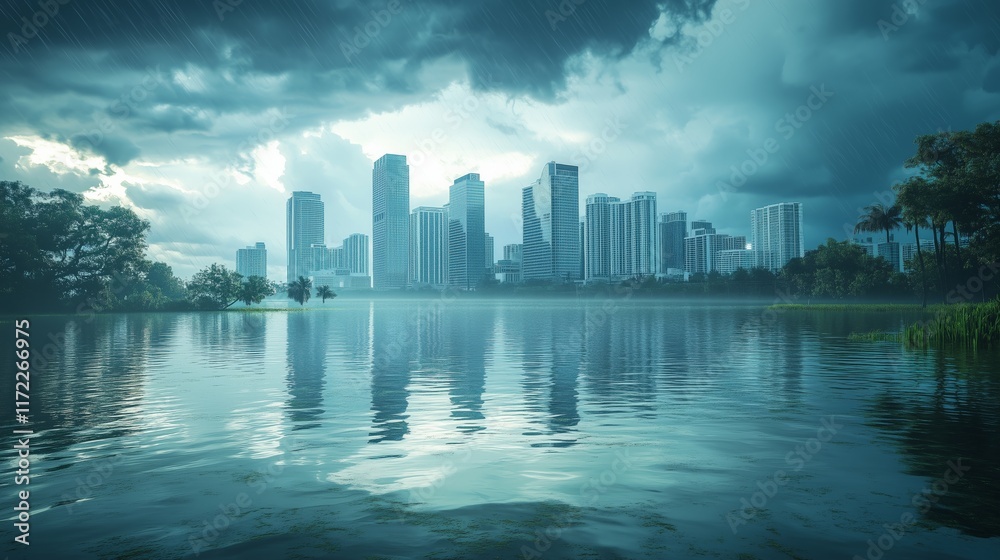 Fototapeta premium An editorial illustration depicting a city skyline partially submerged due to rising sea levels, highlighting the effects of climate change.