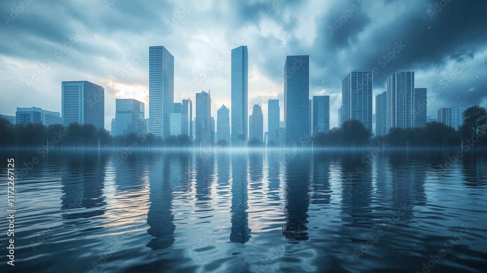 Fototapeta premium An editorial illustration depicting a city skyline partially submerged due to rising sea levels, highlighting the effects of climate change.