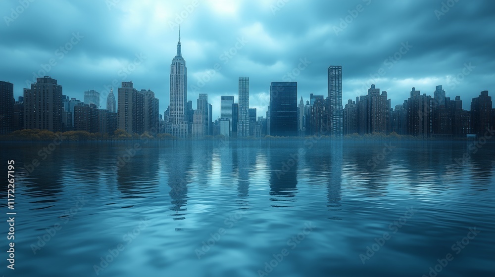 Obraz premium An editorial illustration depicting a city skyline partially submerged due to rising sea levels, highlighting the effects of climate change.