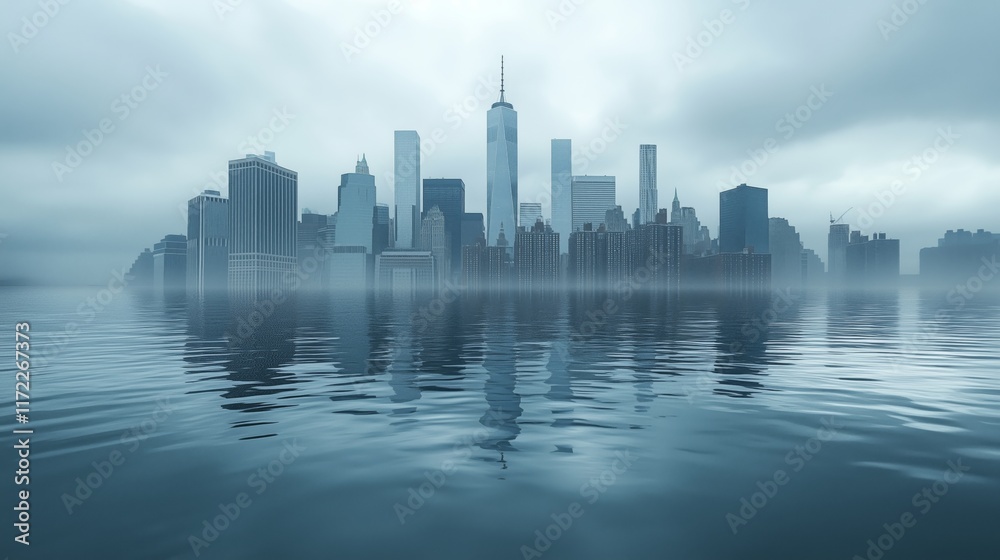 Obraz premium An editorial illustration depicting a city skyline partially submerged due to rising sea levels, highlighting the effects of climate change.