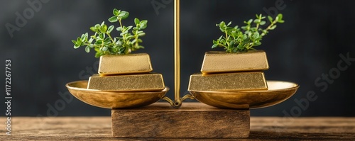 A scale balancing gold bars and green shoots, metaphor for hedge fund management and sustainable growth
