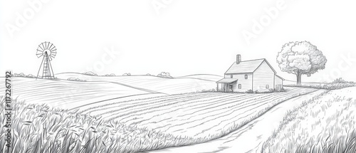 Serene Countryside Sketch: Farmhouse, Windmill, and Rolling Fields