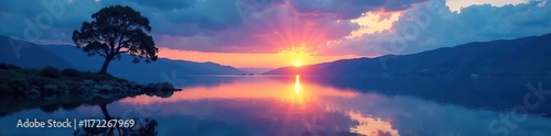 A deep blue lake at sunset with a solitary tree, blue, lake