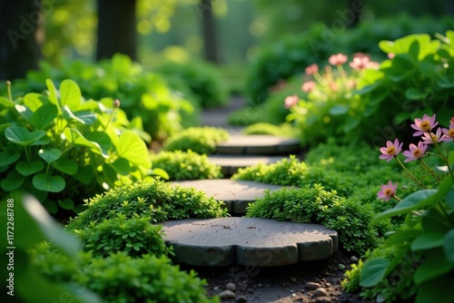A moss-covered stepping stone blends into the garden surroundings, naturalistic, garden path