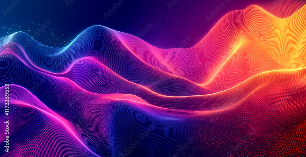An abstract visualization of glowing waves composed of neon orange and blue dots An abstract visualization of glowing waves composed of neon orange and blue dots
