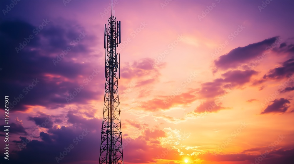 Silhouette of a communications tower against a vibrant sunset sky. World Radio Day Silhouette of a communications tower against a vibrant sunset sky. World Radio Day