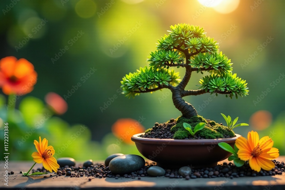 Bonsai tree in a miniature garden with sunlit flowers, garden, tiny Bonsai tree in a miniature garden with sunlit flowers, garden, tiny
