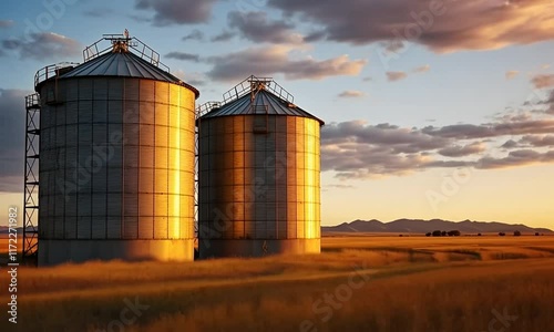 The image features two large silos illuminated by the golden light of sunset, surrounded by a vast field and distant mountains, capturing a serene agricultural landscape.