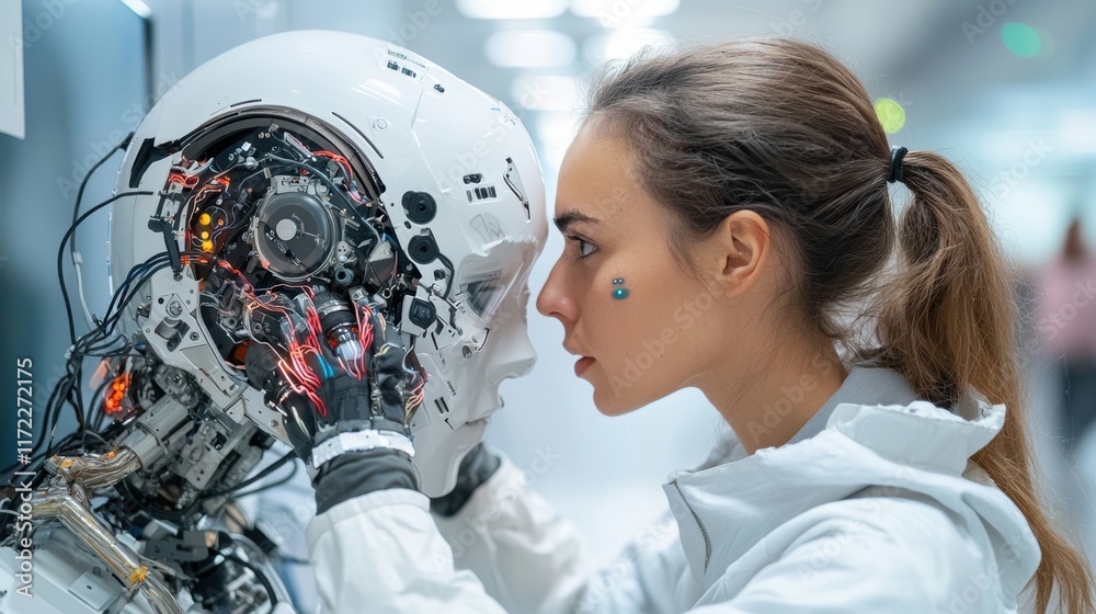 A woman interacts closely with a humanoid robot, highlighting the connection between humans and advanced technology. A woman interacts closely with a humanoid robot, highlighting the connection between humans and advanced technology.
