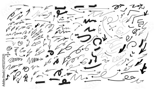 Big Set of Various black hand-drawn Arrows, doodle art, line art. Arrow options: Straight, Twisting, Ascending, Step, Circular, Thick, Thin, Long, Angular, Zigzag arrows