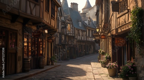 The charming streets of Mont Saint-Michel, lined with quaint shops and medieval architecture. photo