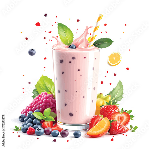 a glass of fruit and berries with a straw