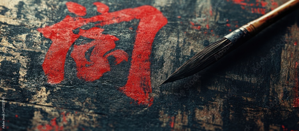 Fototapeta premium Red Chinese calligraphy character on aged wood with calligraphy brush.