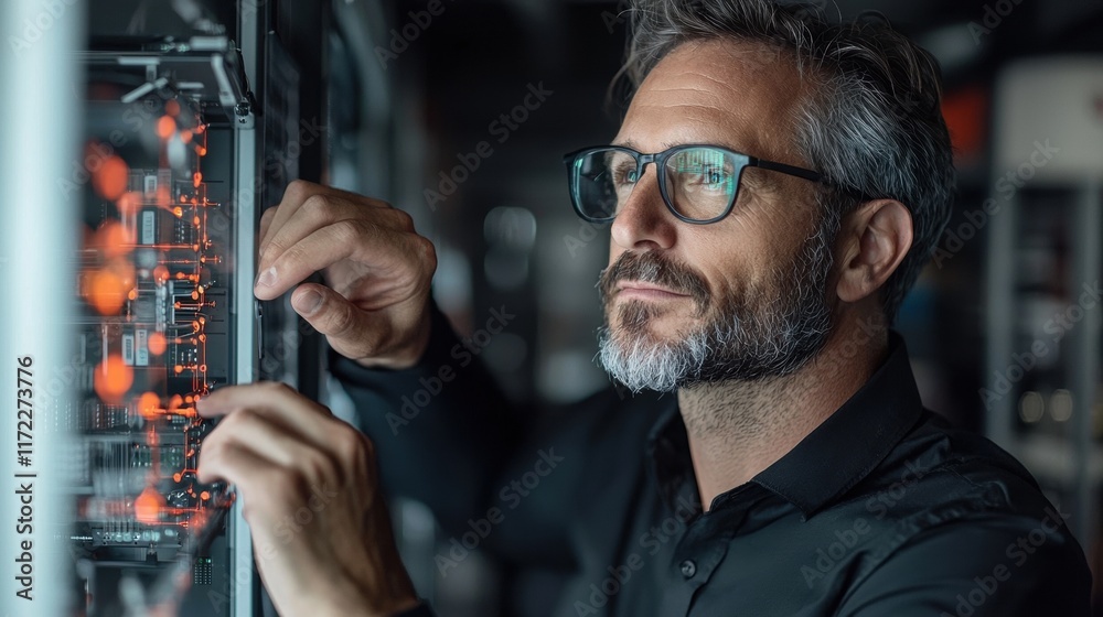 Technician performing maintenance on server equipment in data center high-tech environment focused viewpoint Technician performing maintenance on server equipment in data center high-tech environment focused viewpoint