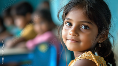 A girl with dark hair and brown eyes is smiling photo