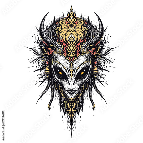 a tattoo design of a horned head with a skull and a skull on the side