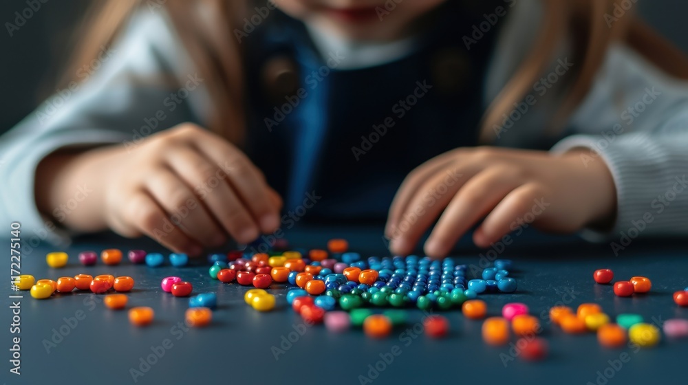 A child is playing with colorful beads on a table, focusing intently on arranging them into patterns or designs. A child is playing with colorful beads on a table, focusing intently on arranging them into patterns or designs.