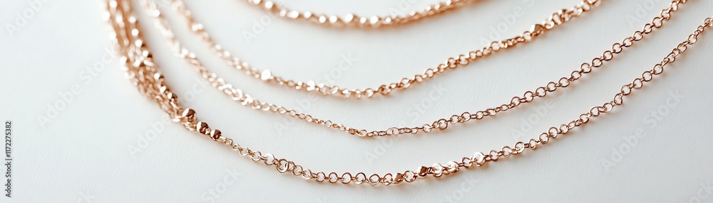 Elegant rose gold chains arranged artfully on a white background. Elegant rose gold chains arranged artfully on a white background.