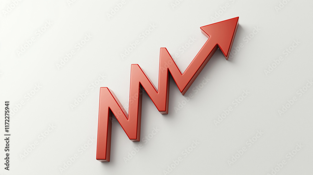 Red zigzag arrow pointing upwards representing upward trend and growth on a plain white background.
Red zigzag arrow pointing upwards representing upward trend and growth on a plain white background.