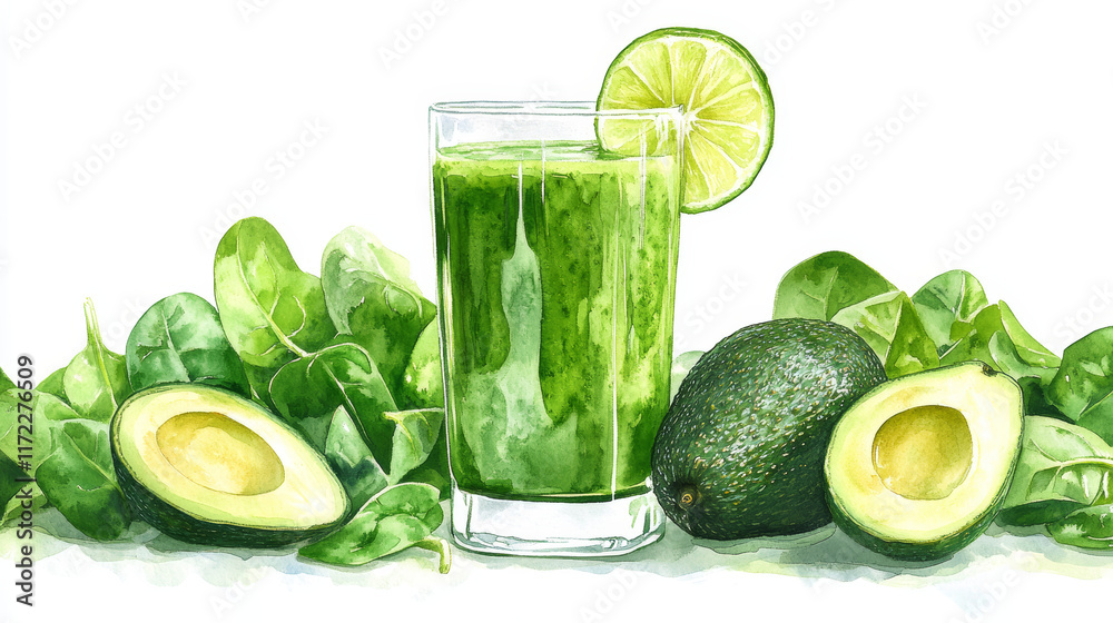 Fresh green smoothie with avocado and lime, surrounded by spinach leaves