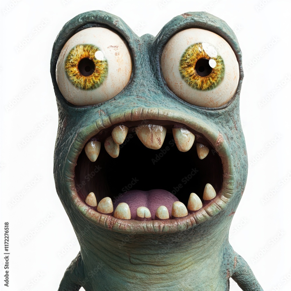 Naklejka premium A monster with an open-mouthed, surprised expression and wide eyes, showing unexpected vulnerability or fear, on a white background