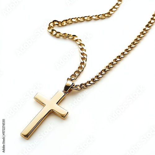 Gold cross necklace on a white isolated background.