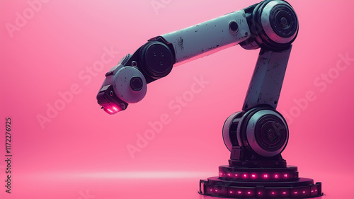 Robotic Arm in Neon Glow: A sleek, industrial robotic arm with glowing red lights stands out against a vibrant pink backdrop, symbolizing the fusion of technology and artistry.
