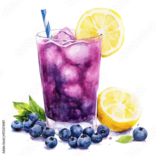 A watercolor vector painting of a Blueberry Lemonade, isolated on a white background. Blueberry Lemonade vector.

