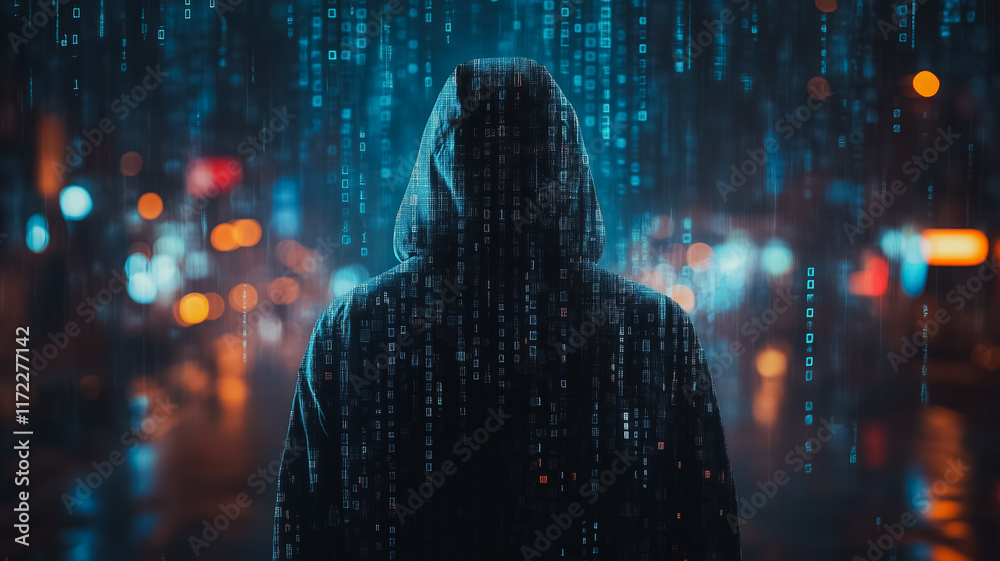 Fototapeta premium Cyberpunk Enigma: A hooded figure stands amidst a digital rain in a cyberpunk cityscape, their identity obscured by shadow and mystery.