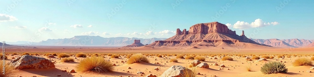 Naklejka premium Deserted peak with sparse vegetation on rocky soil, desert, solitary, isolated