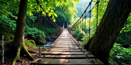 Suspension bridge traverses a rickety wooden beam, tree roots, vines, forest floor photo