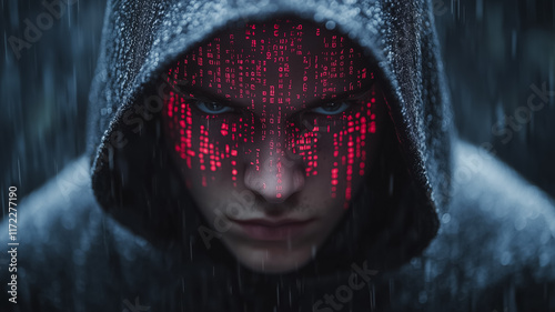 Cyberpunk Rain: Mysterious hooded figure with glowing red digital code on face, intense gaze in dark rainy setting.  A captivating blend of cyberpunk aesthetics and human emotion.  photo