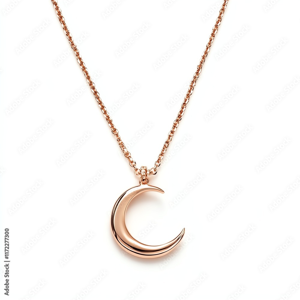 Rose gold crescent moon necklace on a delicate chain, white isolate background. Rose gold crescent moon necklace on a delicate chain, white isolate background.