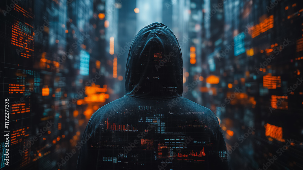 Cyberpunk Enigma: A hooded figure stands alone in a futuristic cityscape, a symphony of neon lights and digital code swirling around them. This image evokes mystery, intrigue. Cyberpunk Enigma: A hooded figure stands alone in a futuristic cityscape, a symphony of neon lights and digital code swirling around them. This image evokes mystery, intrigue.