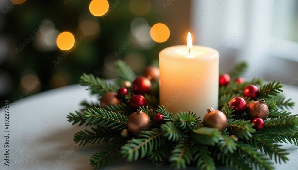 A delicate white candle in an advent wreath is adorned with festive decorations, greenery, branches, white
