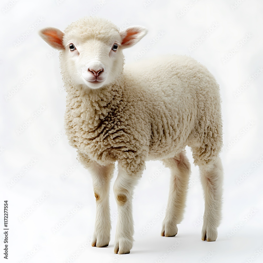 Fluffy lamb standing, white background, farm animal, agriculture. Fluffy lamb standing, white background, farm animal, agriculture.