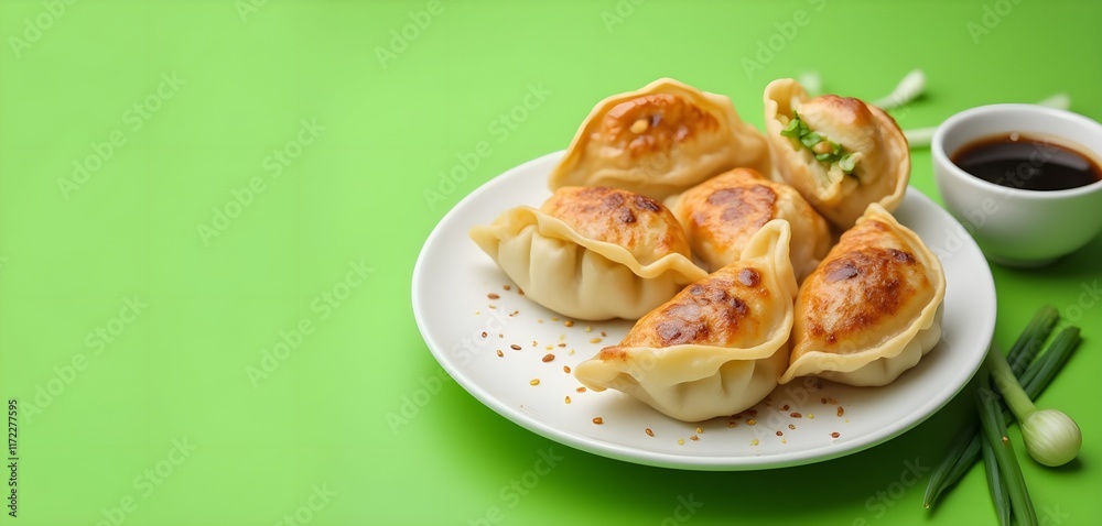 Delicious Chicken Pot Stickers on a White Plate with Soy Sauce Delicious Chicken Pot Stickers on a White Plate with Soy Sauce