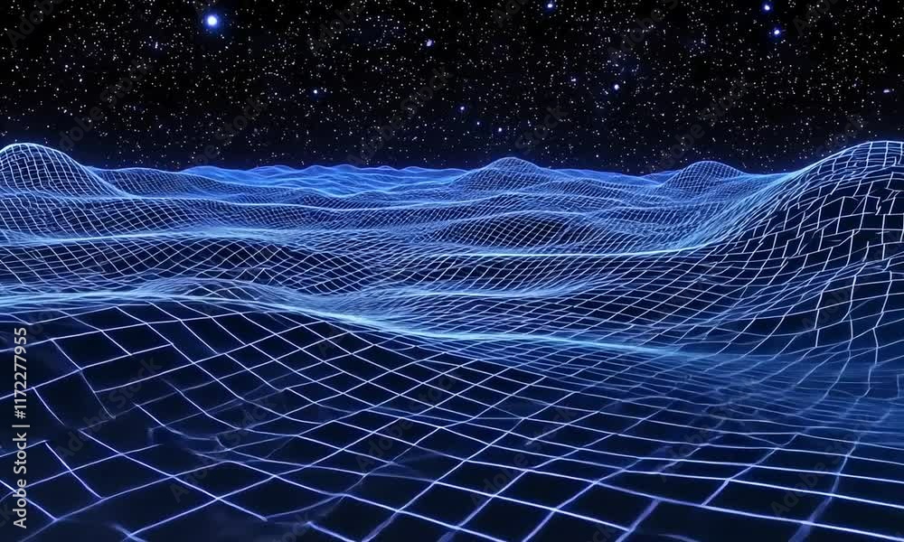 This image depicts a digital landscape featuring a grid-like structure over rolling waves, set against a starry night sky, evoking a sense of depth and technological abstraction.