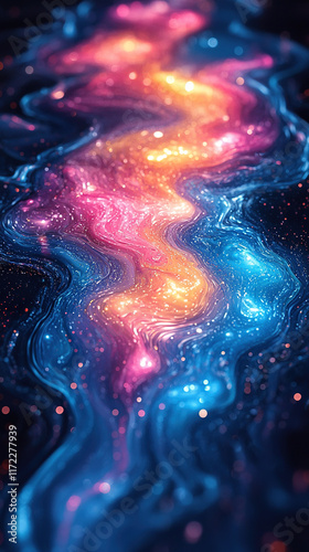 Abstract liquid surface reflecting colorful shapes and forms in neon blues, pinks, and yellows, blending with mirrored reflections in a dark environment, symbolizing duality and fluid perception
