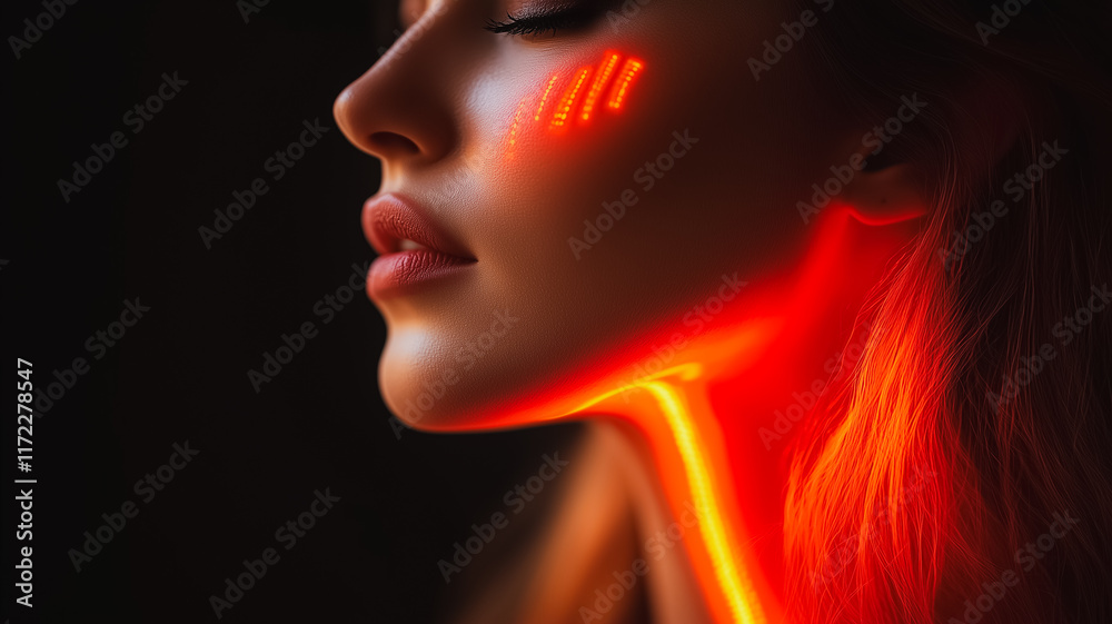 Neon Glow: A close-up portrait of a young woman with glowing neon lines on her face and neck, creating a striking and futuristic aesthetic. Neon Glow: A close-up portrait of a young woman with glowing neon lines on her face and neck, creating a striking and futuristic aesthetic.
