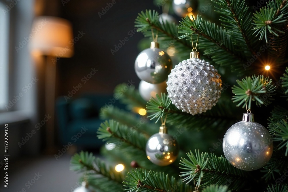 Luxurious Christmas tree with intricate silver ornaments, silver, decoration Luxurious Christmas tree with intricate silver ornaments, silver, decoration