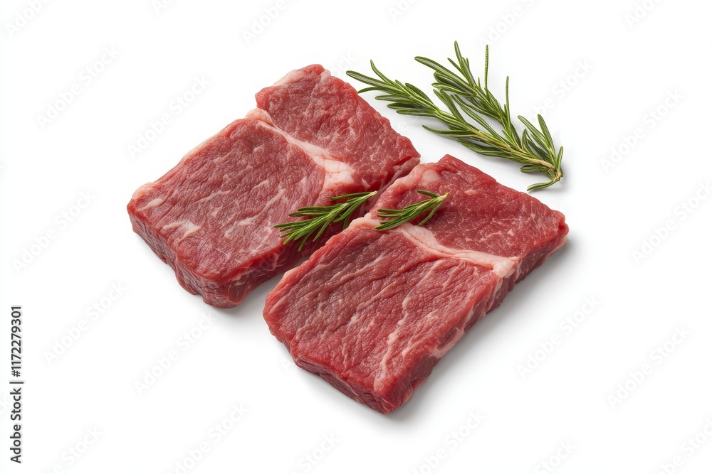 Two raw beef steaks with rosemary sprigs. (1) Two raw beef steaks with rosemary sprigs. (1)