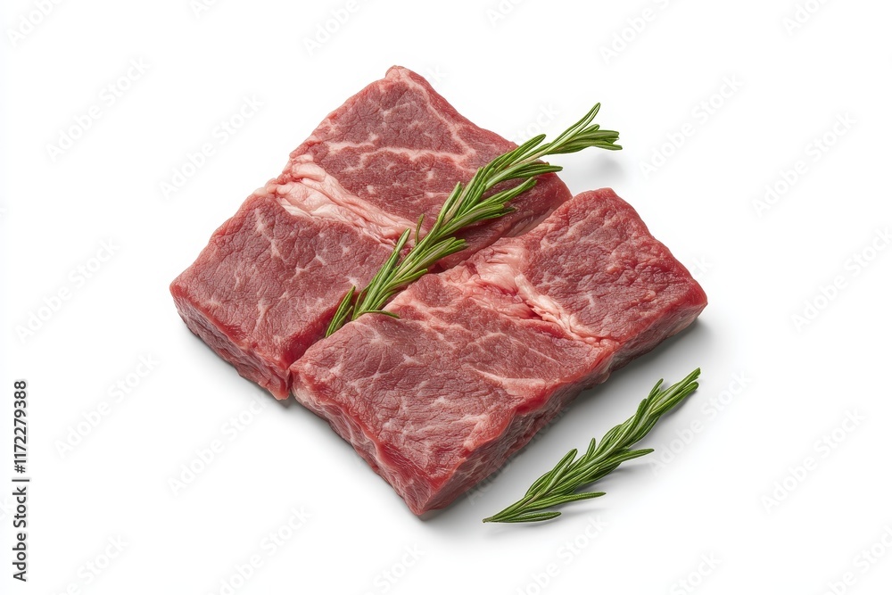 Two raw beef steaks with rosemary sprigs. Two raw beef steaks with rosemary sprigs.